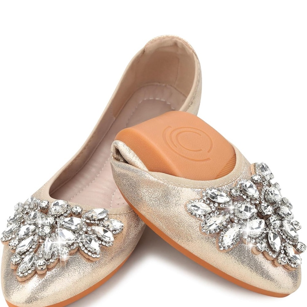 Gold Crystal Embellished Flats with Pointed Toe